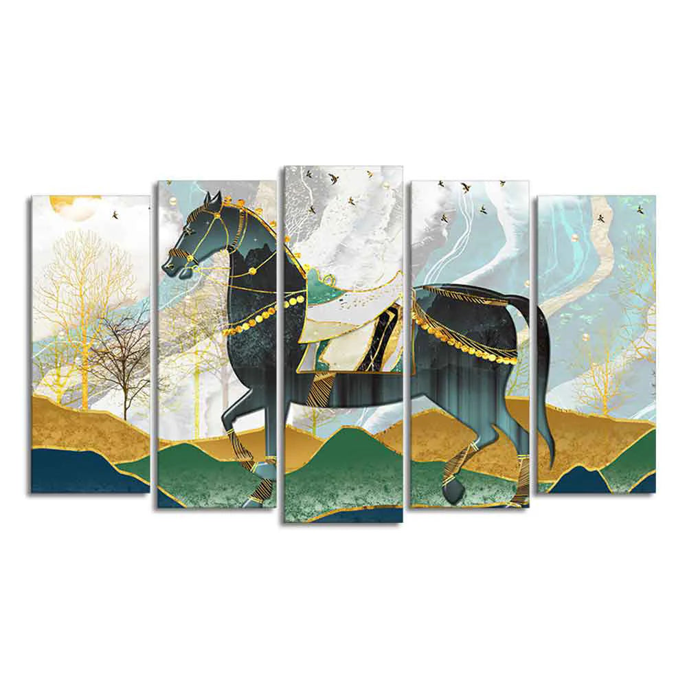Premium Wall Painting of Horse and Golden trees of Five Pieces DECORMANTRA