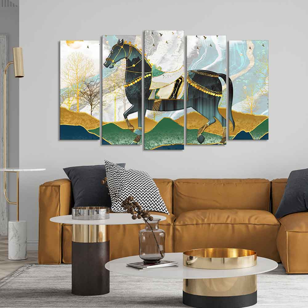 Premium Wall Painting of Horse and Golden trees of Five Pieces DECORMANTRA