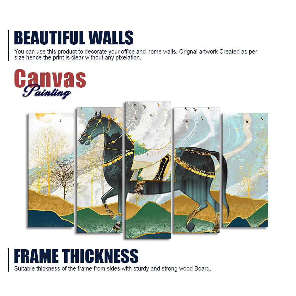 Premium Wall Painting of Horse and Golden trees of Five Pieces DECORMANTRA