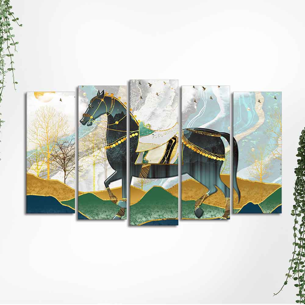 Premium Wall Painting of Horse and Golden trees of Five Pieces DECORMANTRA