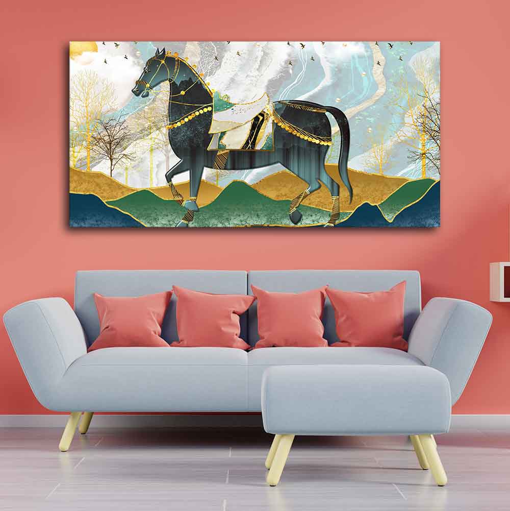 Premium Wall Painting of Horse and Golden trees with Colored Mountains DECORMANTRA