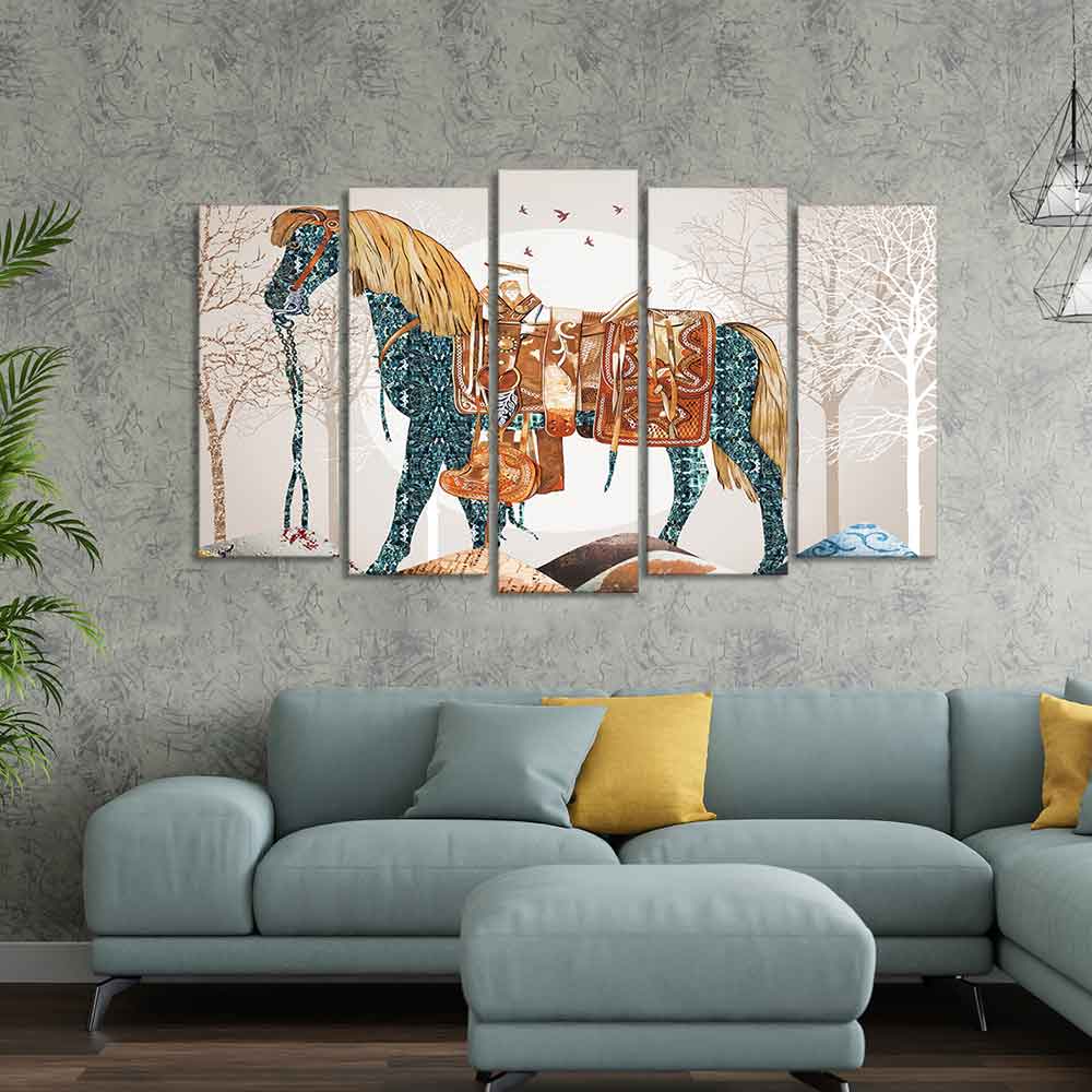 Premium Wall Painting of Patterned Horse of Five Pieces DECORMANTRA