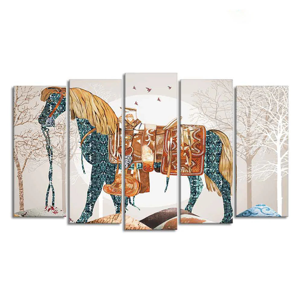 Premium Wall Painting of Patterned Horse of Five Pieces DECORMANTRA