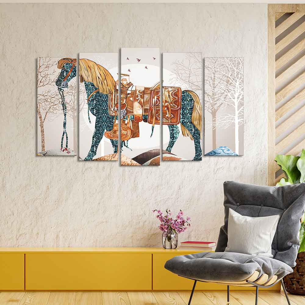 Premium Wall Painting of Patterned Horse of Five Pieces DECORMANTRA