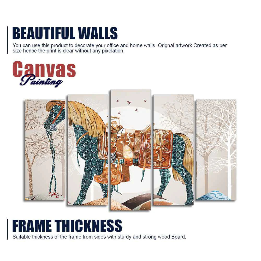 Premium Wall Painting of Patterned Horse of Five Pieces DECORMANTRA