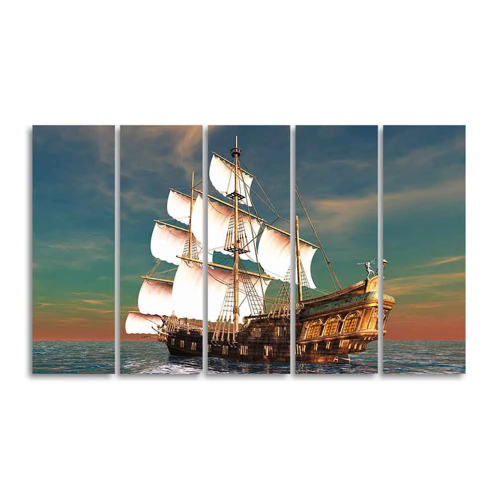 Premium Wall Painting of Ship on the Ocean Five Pieces DECORMANTRA