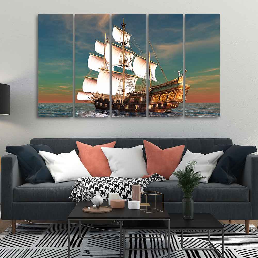 Premium Wall Painting of Ship on the Ocean Five Pieces DECORMANTRA