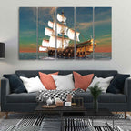 Premium Wall Painting of Ship on the Ocean Five Pieces DECORMANTRA