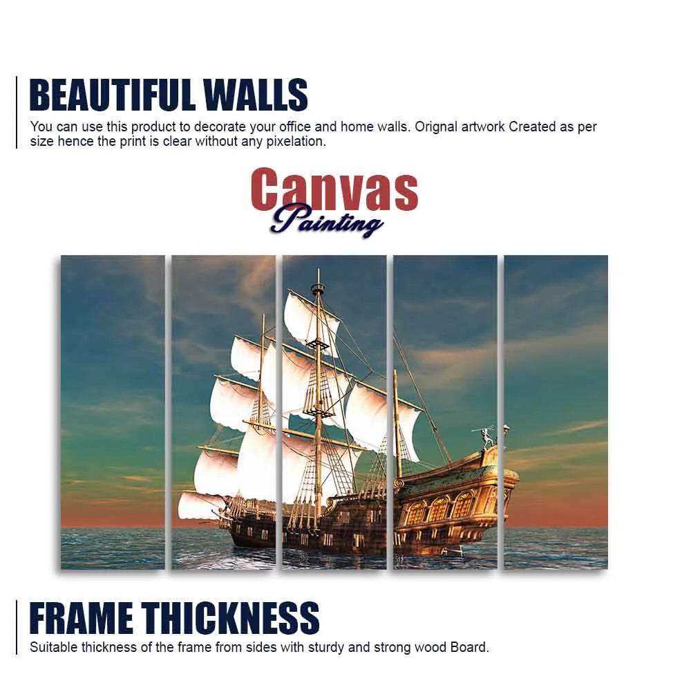 Premium Wall Painting of Ship on the Ocean Five Pieces DECORMANTRA