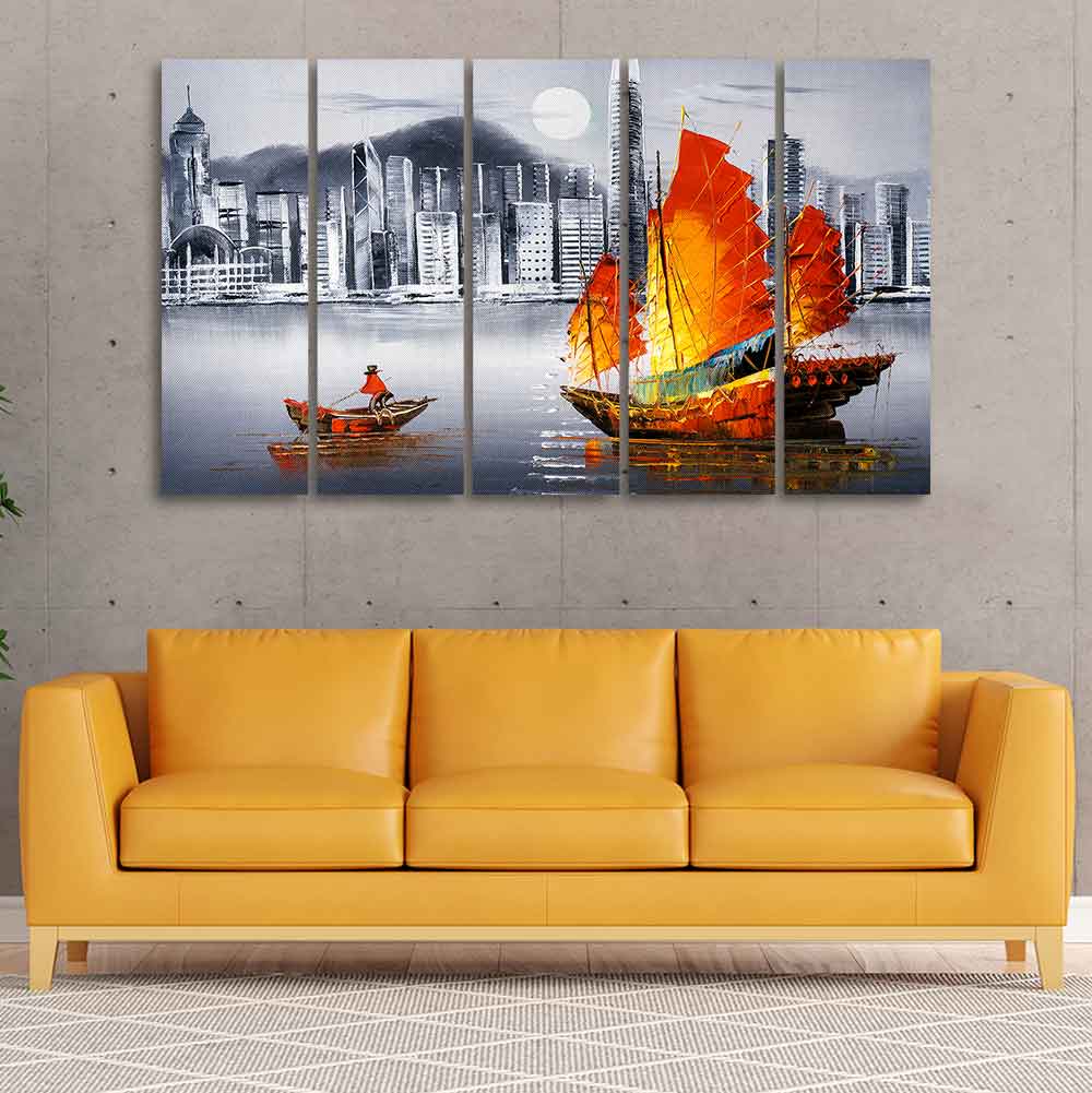 Premium Wall Painting of Victoria Harbor, Hong Kong Set of Five DECORMANTRA