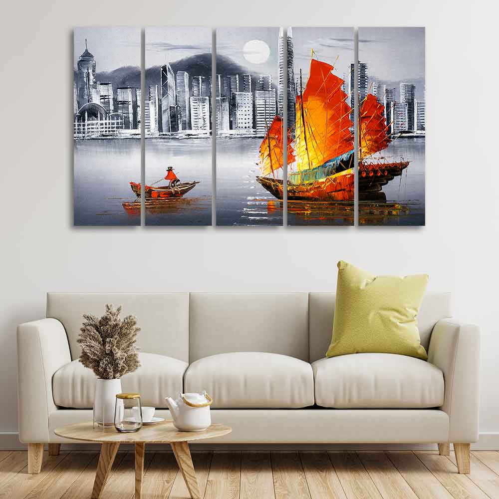 Premium Wall Painting of Victoria Harbor, Hong Kong Set of Five DECORMANTRA