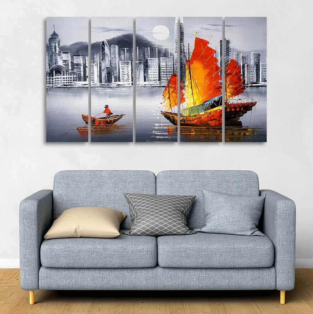 Premium Wall Painting of Victoria Harbor, Hong Kong Set of Five DECORMANTRA