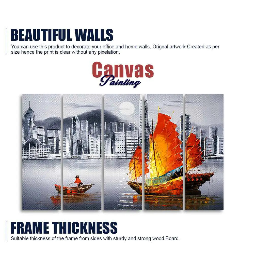 Premium Wall Painting of Victoria Harbor, Hong Kong Set of Five DECORMANTRA