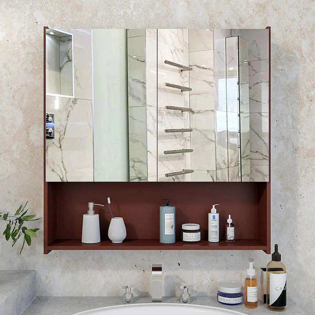 Premium Wooden Bathroom Organizer Cabinet with Mirror & 4 Spacious Shelves with Brown Finish - Decor Mantra 