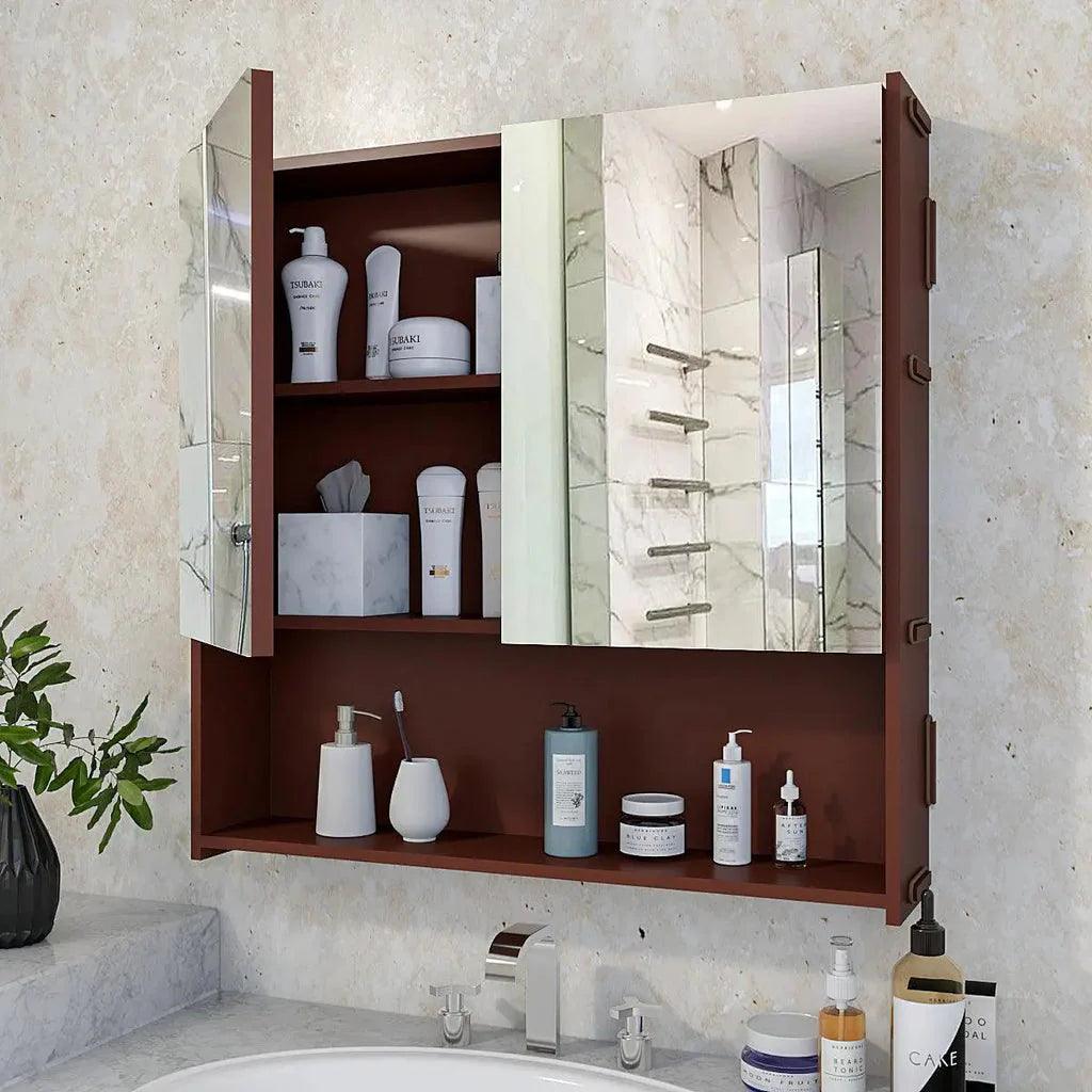 Premium Wooden Bathroom Organizer Cabinet with Mirror & 4 Spacious Shelves with Brown Finish - Decor Mantra 