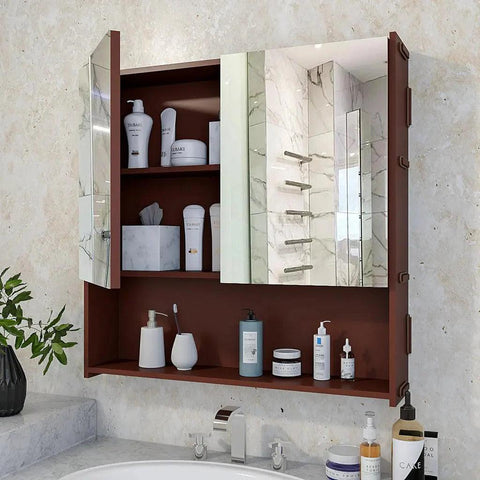 Premium Wooden Bathroom Organizer Cabinet with Mirror & 4 Spacious Shelves with Brown Finish - Decor Mantra 