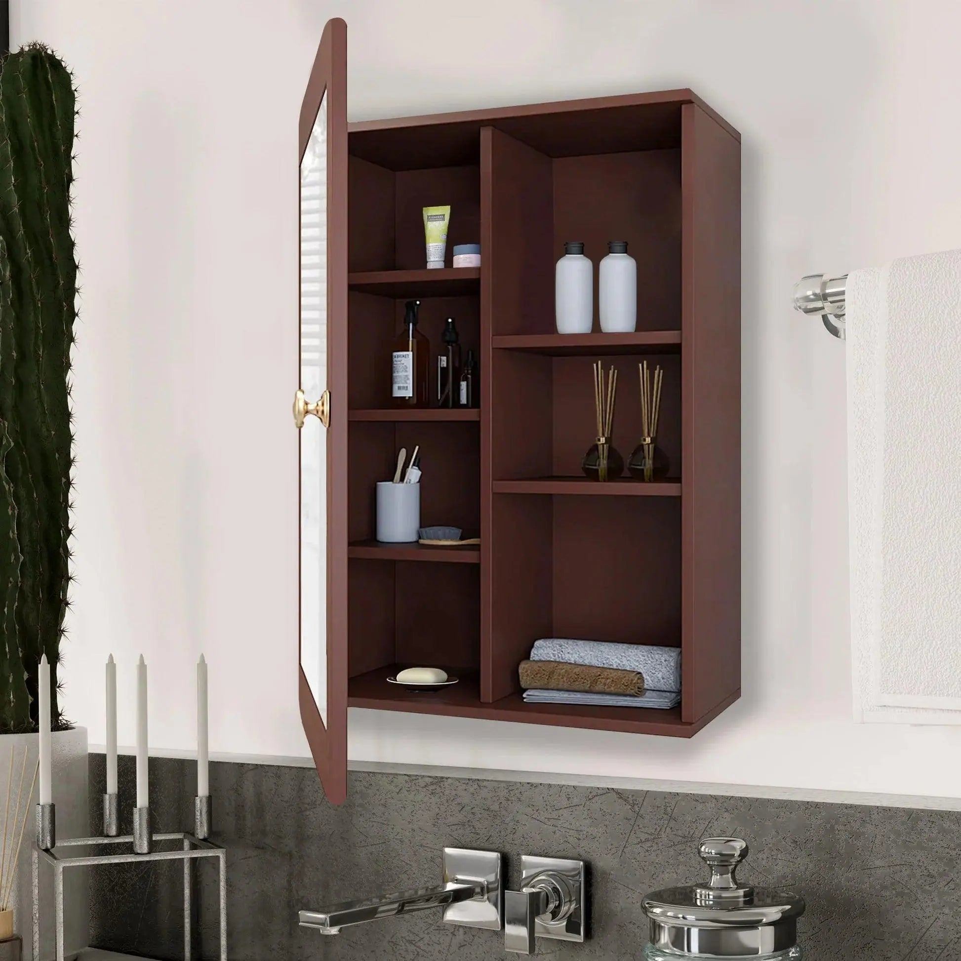 Premium Wooden Brown Bathroom Cabinet with Mirror & 7 Spacious Shelves - Decor Mantra 