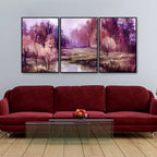Purple Lake in Forest Premium Floating Wall Painting Set of Three DECORMANTRA