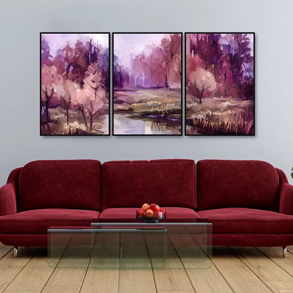 Purple Lake in Forest Premium Floating Wall Painting Set of Three DECORMANTRA