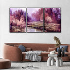 Purple Lake in Forest Premium Floating Wall Painting Set of Three DECORMANTRA