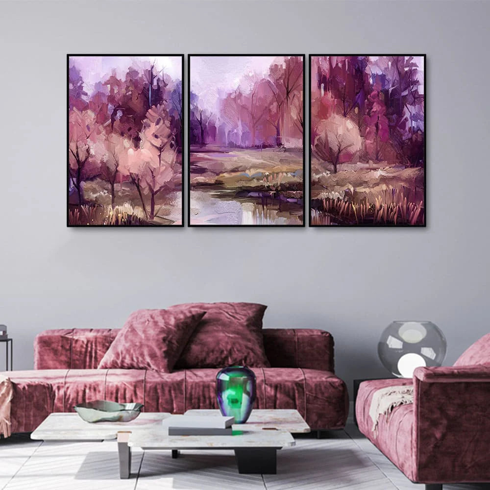 Purple Lake in Forest Premium Floating Wall Painting Set of Three DECORMANTRA