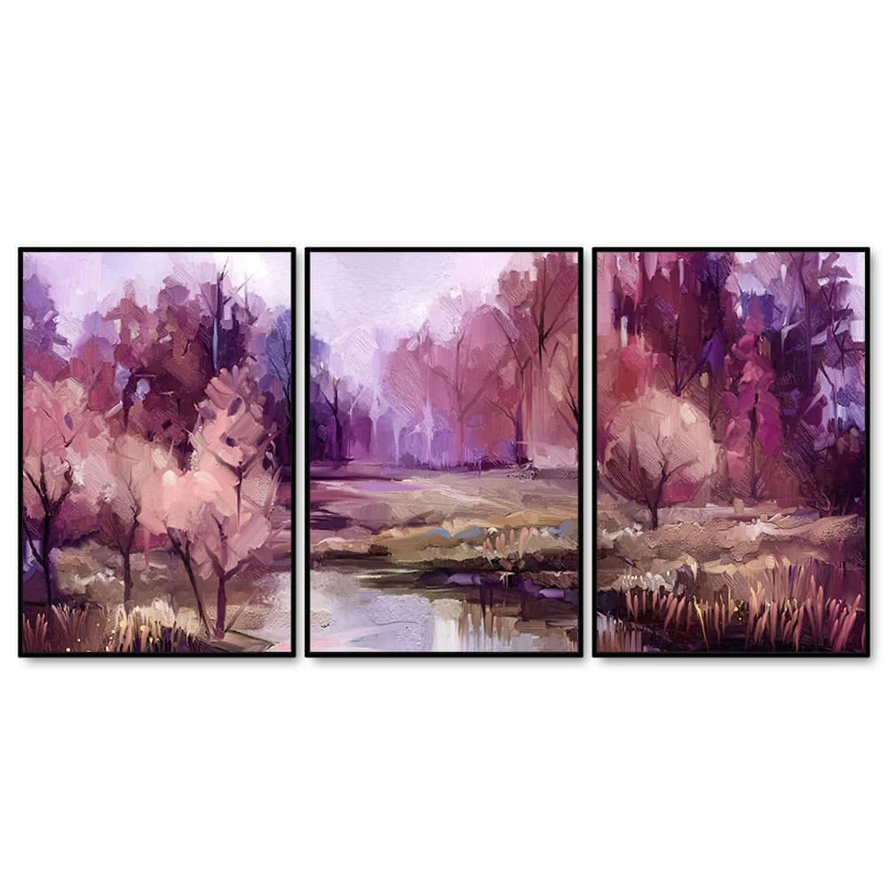Purple Lake in Forest Premium Floating Wall Painting Set of Three DECORMANTRA