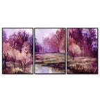 Purple Lake in Forest Premium Floating Wall Painting Set of Three DECORMANTRA