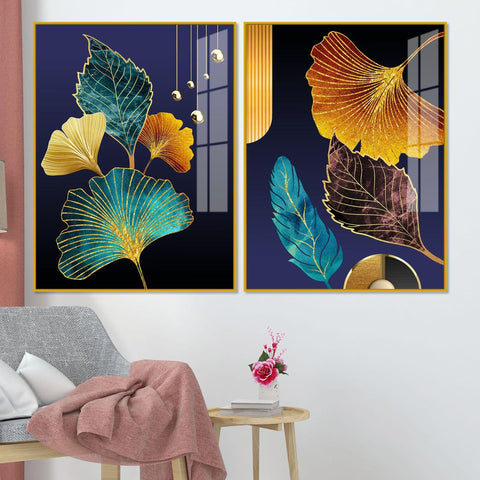 Beautiful Golden Leaves Acrylic Floating Wall Painting Set of 2 - Decor Mantra 