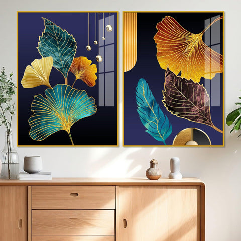 Beautiful Golden Leaves Acrylic Floating Wall Painting Set of 2 - Decor Mantra 