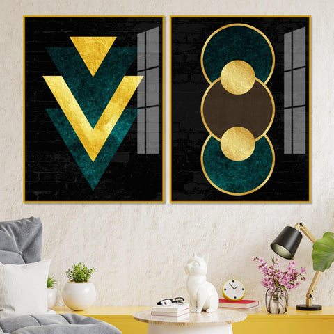 Modern Artistic Geometric Shapes Acrylic Floating Wall Painting Set Of 2 - Decor Mantra 