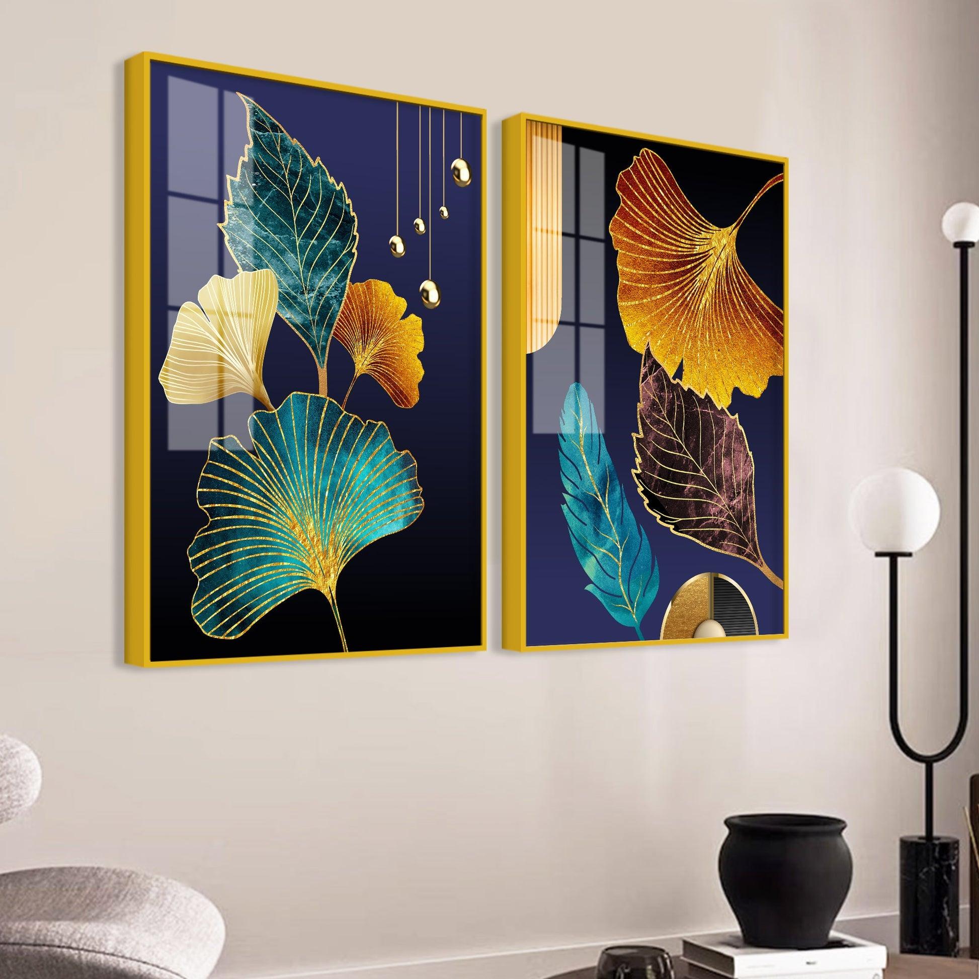 Beautiful Golden Leaves Acrylic Floating Wall Painting Set of 2 - Decor Mantra 