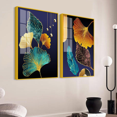Beautiful Golden Leaves Acrylic Floating Wall Painting Set of 2 - Decor Mantra 