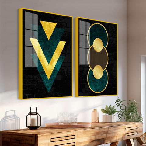 Modern Artistic Geometric Shapes Acrylic Floating Wall Painting Set Of 2 - Decor Mantra 