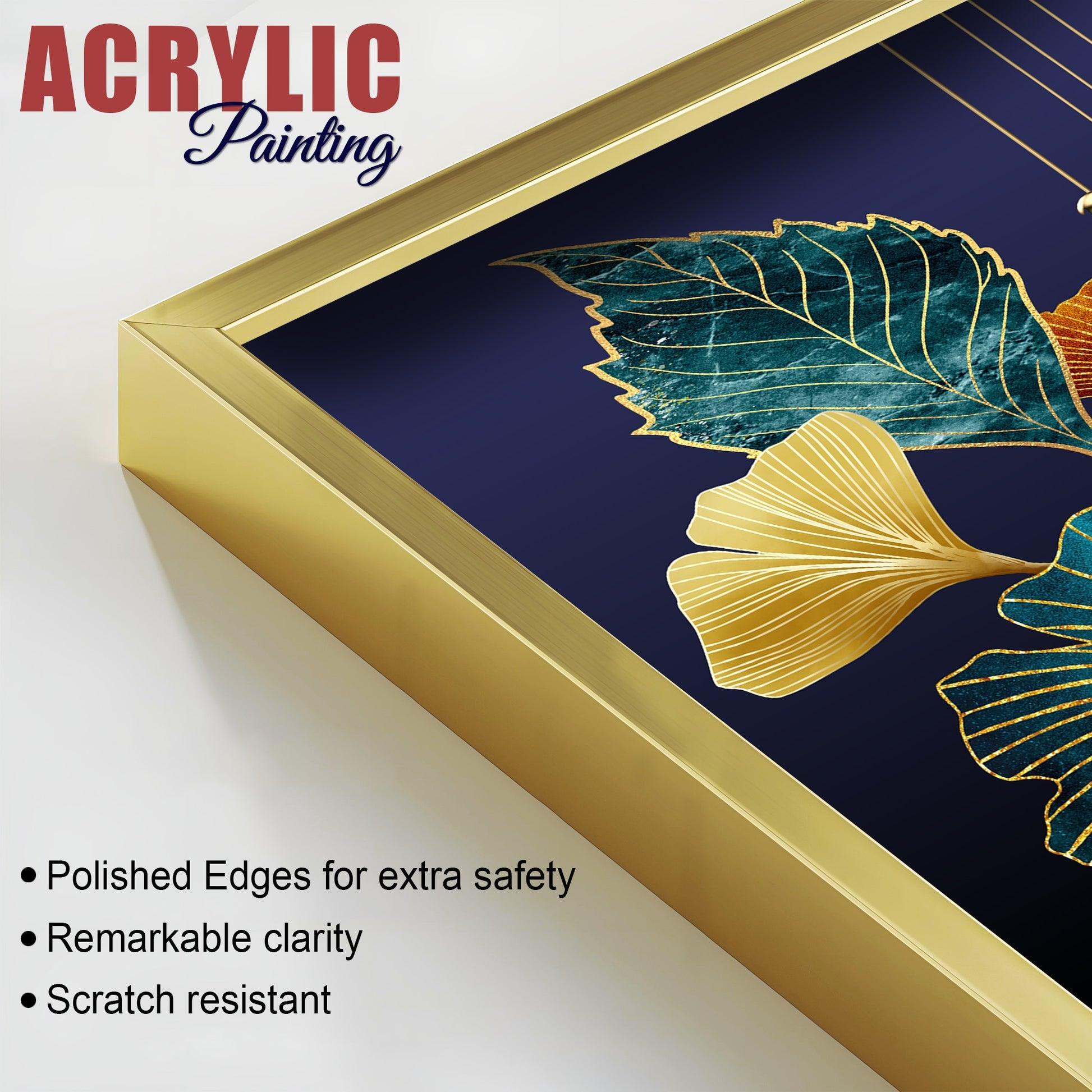 Beautiful Golden Leaves Acrylic Floating Wall Painting Set of 2 - Decor Mantra 