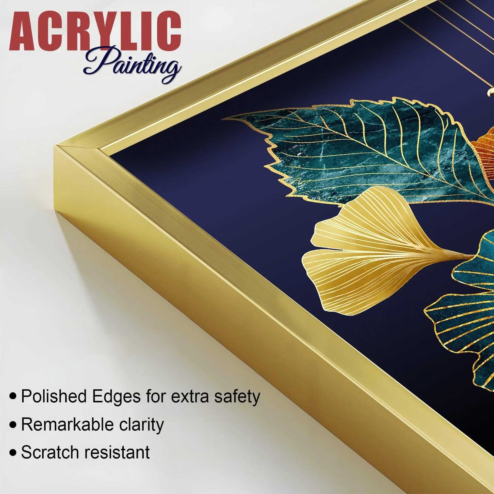 Beautiful Golden Leaves Acrylic Floating Wall Painting Set of 2 - Decor Mantra 