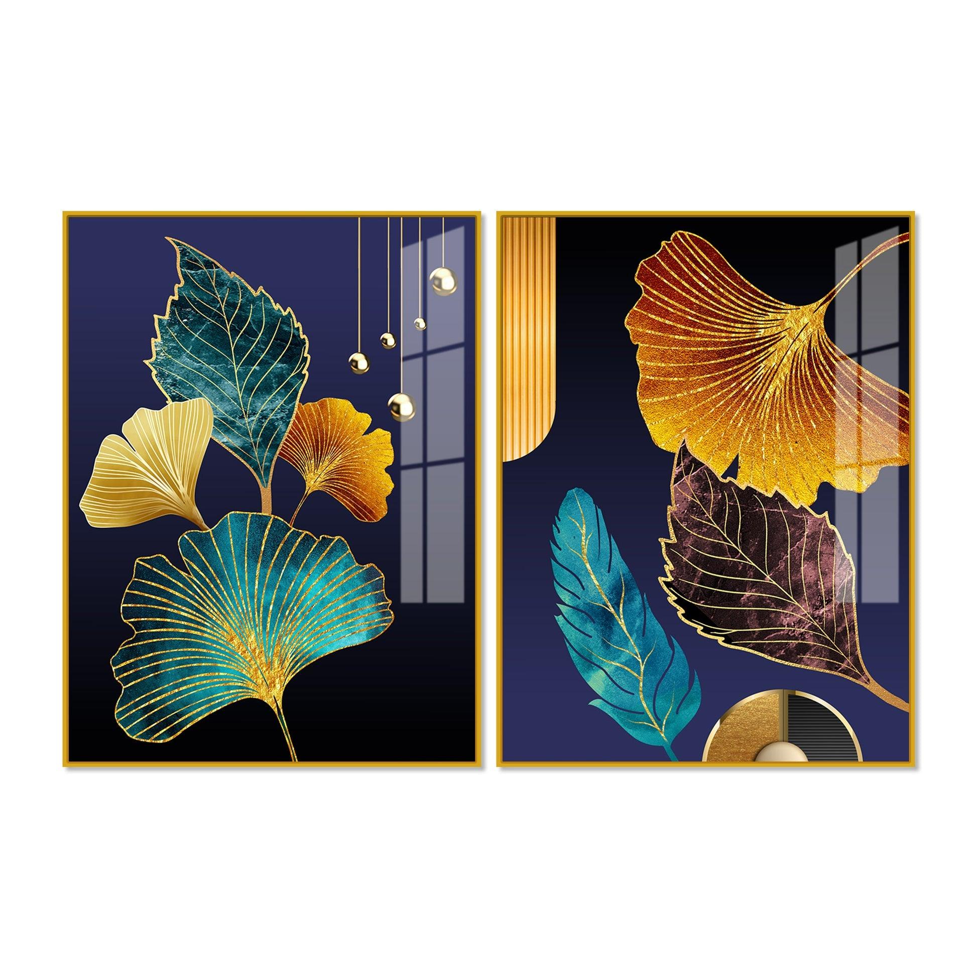 Beautiful Golden Leaves Acrylic Floating Wall Painting Set of 2 - Decor Mantra 