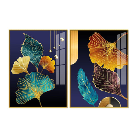 Beautiful Golden Leaves Acrylic Floating Wall Painting Set of 2 - Decor Mantra 