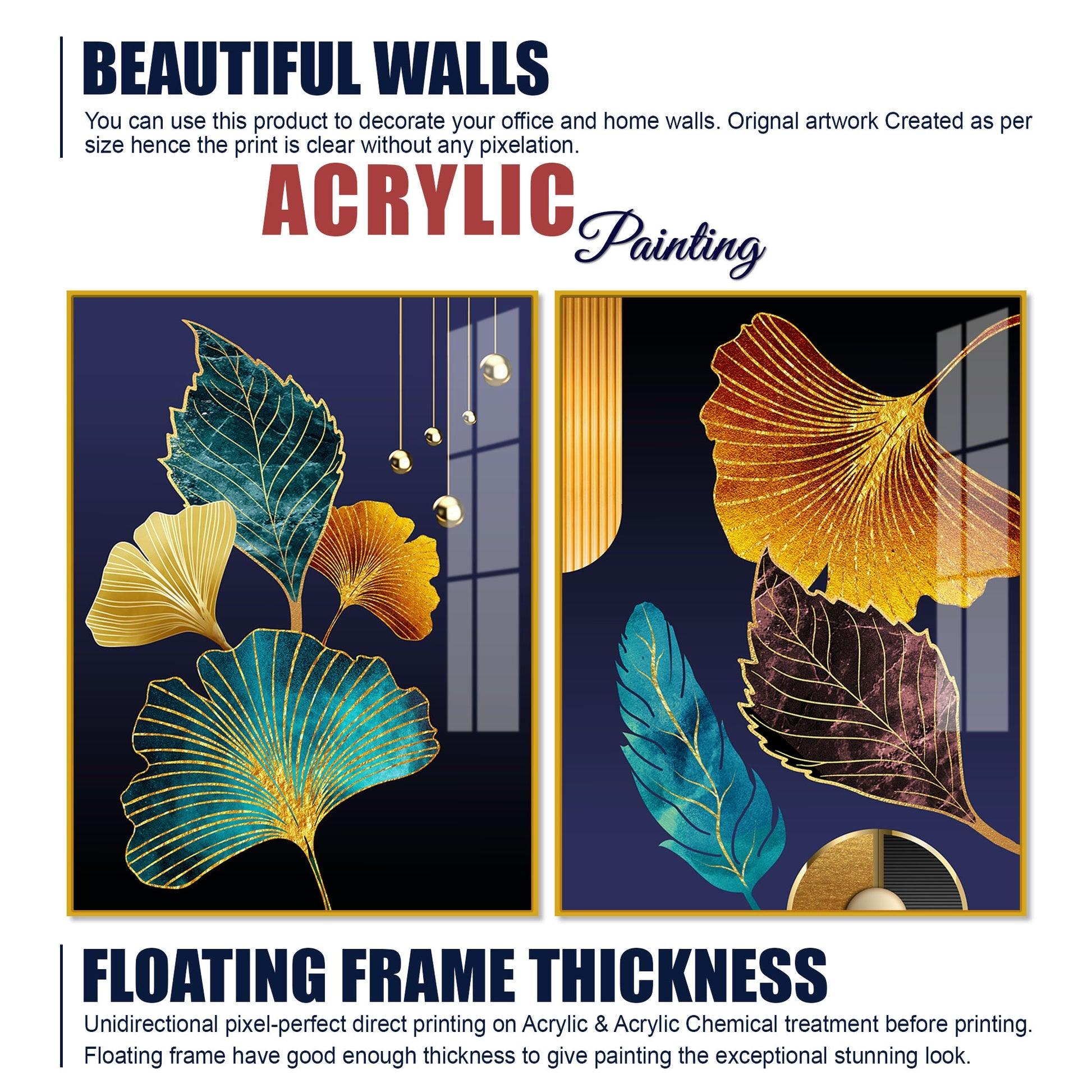 Beautiful Golden Leaves Acrylic Floating Wall Painting Set of 2 - Decor Mantra 