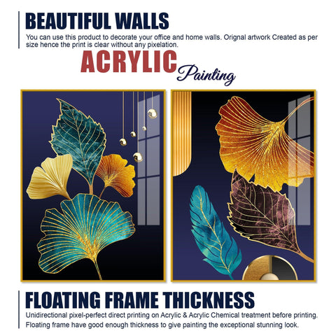 Beautiful Golden Leaves Acrylic Floating Wall Painting Set of 2 - Decor Mantra 
