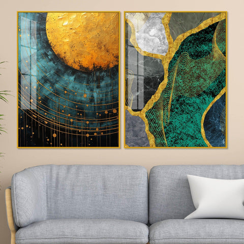 Modern Turquoise Artistic Art Acrylic Floating Wall Painting Set Of 2 - Decor Mantra 