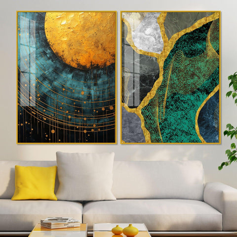 Modern Turquoise Artistic Art Acrylic Floating Wall Painting Set Of 2 - Decor Mantra 