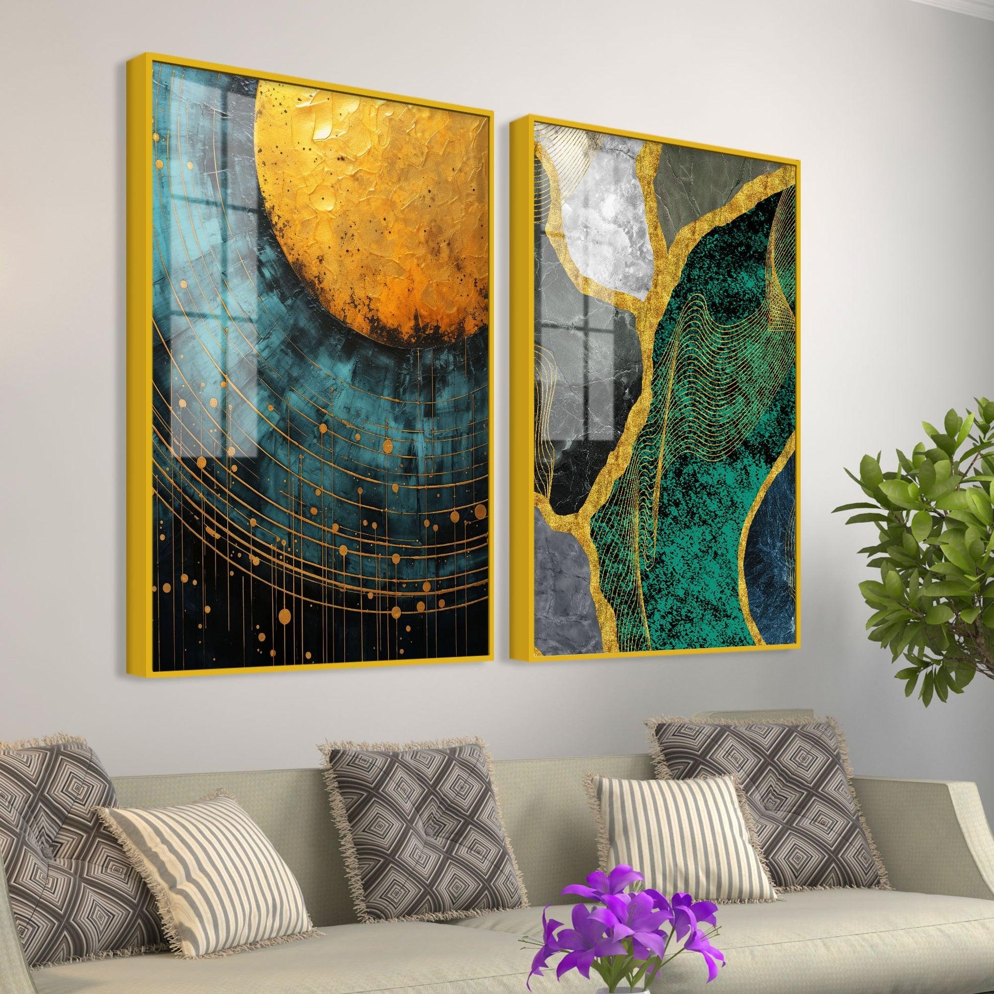 Modern Turquoise Artistic Art Acrylic Floating Wall Painting Set Of 2 - Decor Mantra 