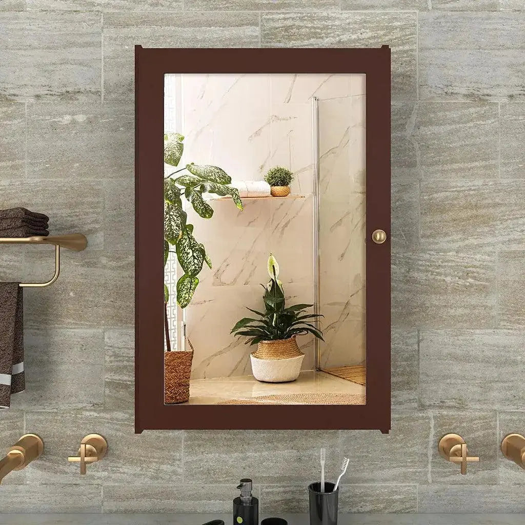 Rectangular Wooden Bathroom Cabinet Mirror with 3 Spacious Shelves with Solid Brown Finish - Decor Mantra 