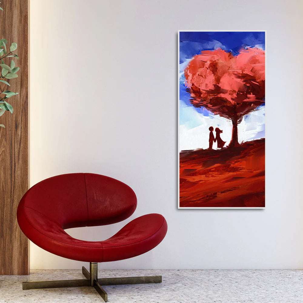 Red Love Heart Tree with Couple Premium Canvas Wall Painting DECORMANTRA