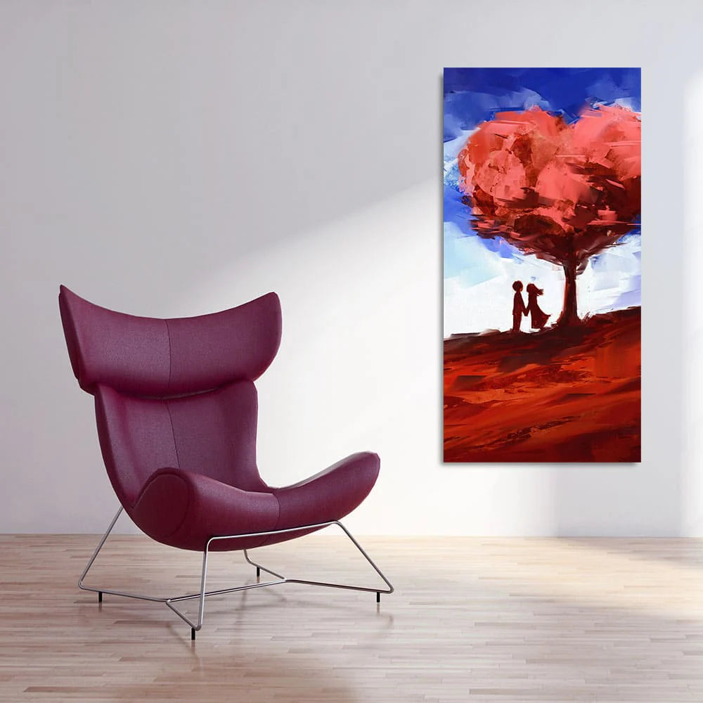 Red Love Heart Tree with Couple Premium Canvas Wall Painting DECORMANTRA