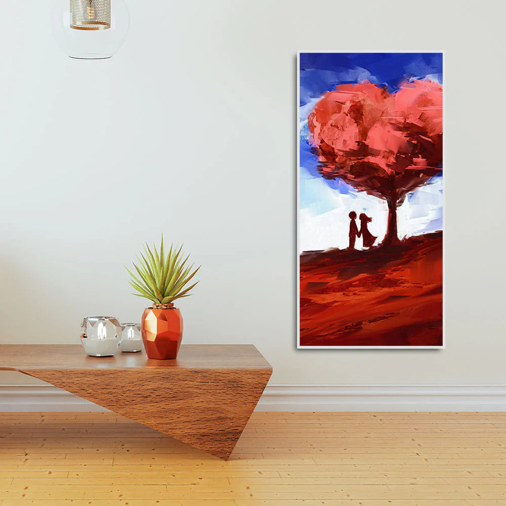 Red Love Heart Tree with Couple Premium Canvas Wall Painting DECORMANTRA
