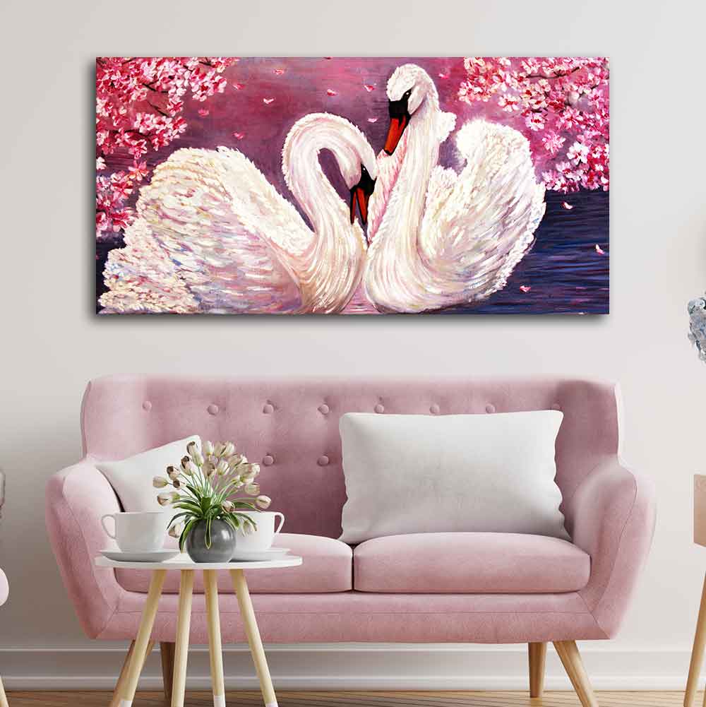 Romantic Couple of Swans Canvas Wall Painting DECORMANTRA