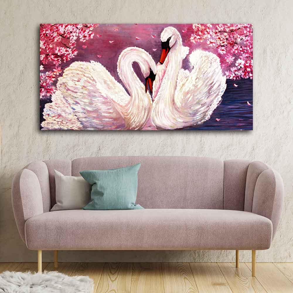 Romantic Couple of Swans Canvas Wall Painting DECORMANTRA