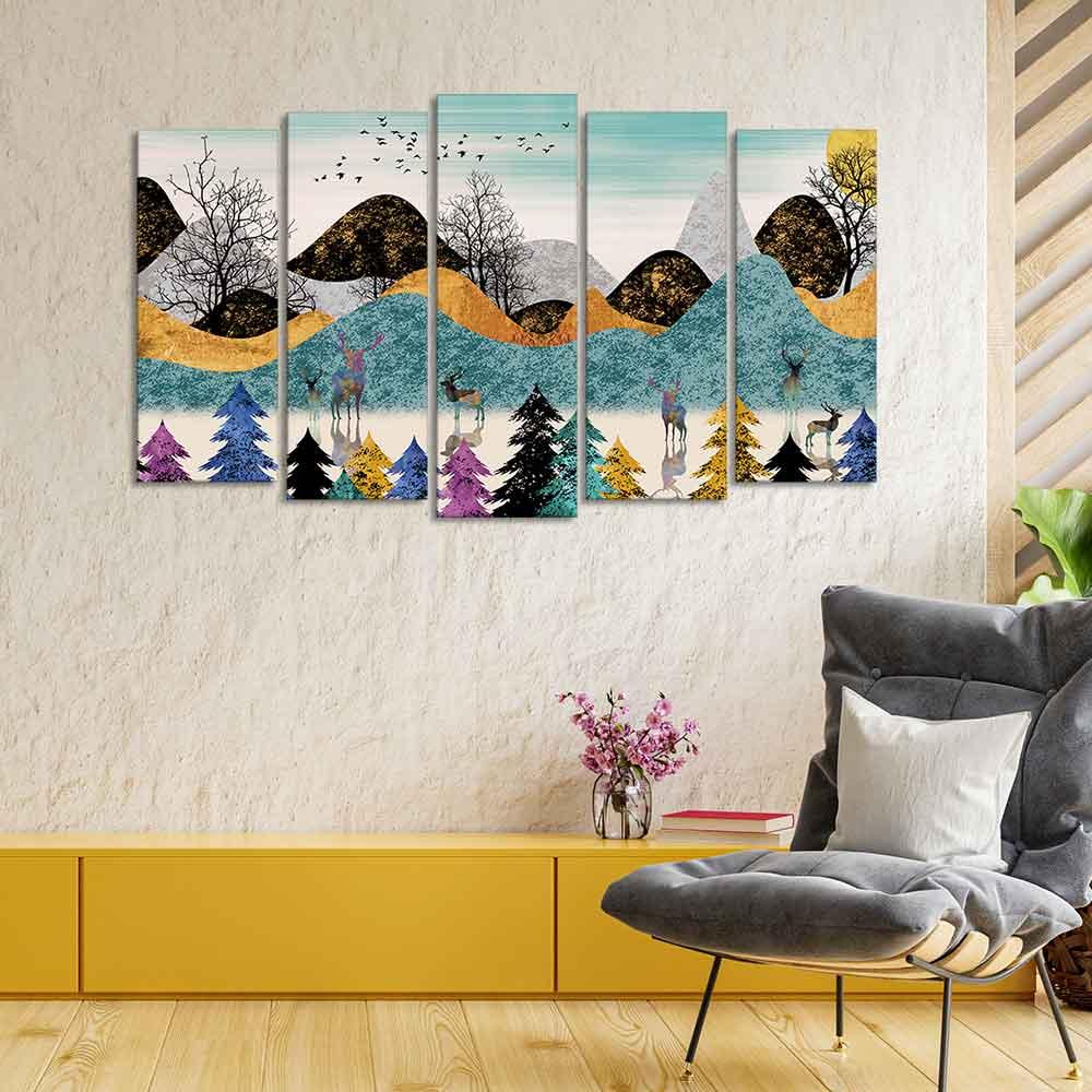 Modern Art Forest Premium Wall Painting Set of 5 Pieces - Decor Mantra 