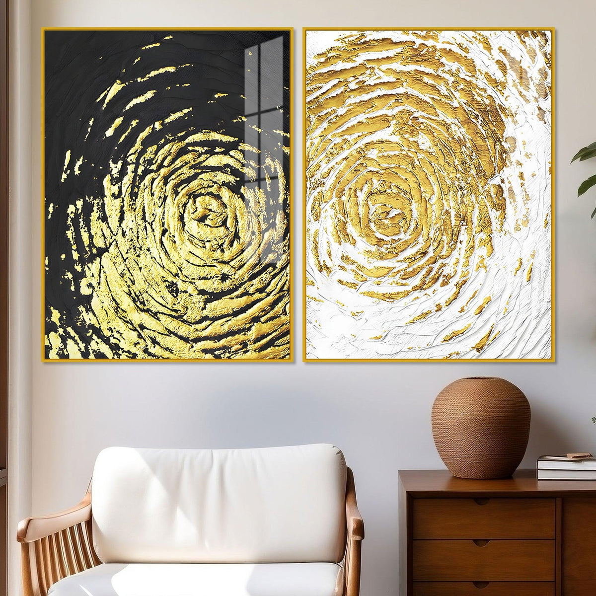 Golden Textured Acrylic Floating Wall Painting Set of 2 - Decor Mantra 